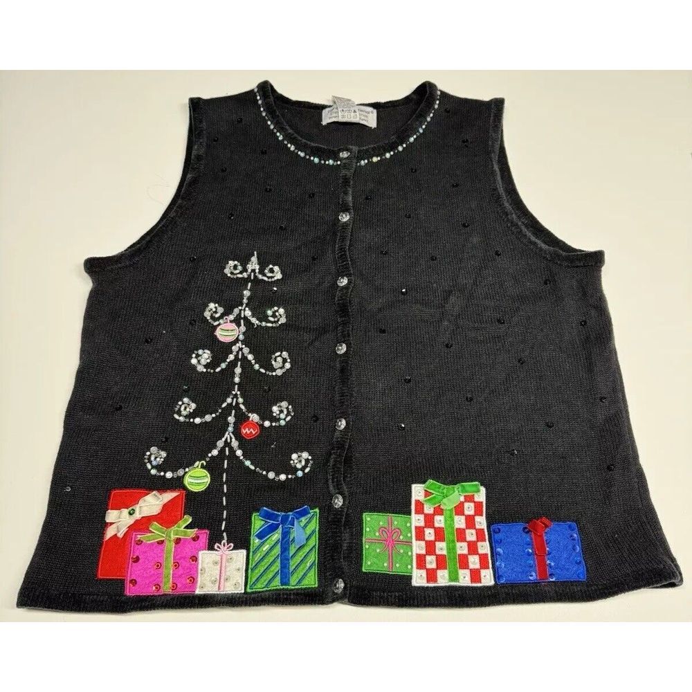 Vintage Tiara International Christmas Collection Tree beaded sweater vest‎ Sz XL